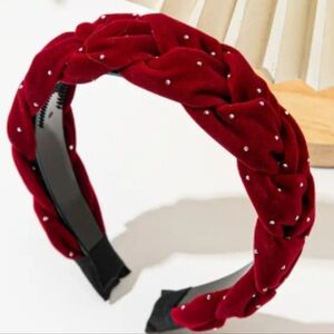 Boutique velvet braided headband maroon rhinestone holiday new